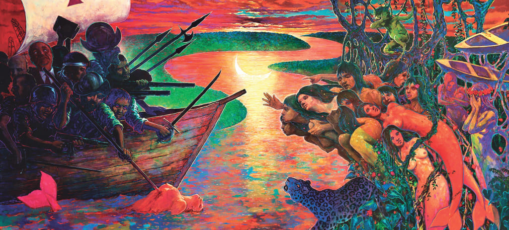 Gino Ceccarelli, El descubrimiento de la Amazonia, oleo en lienzo, 380x180 cm. Gino Ceccarelli, El descubrimiento de la Amazonia, oleo en lienzo, 380x180 cm.