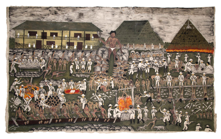go-Yahuarcani-López_El-corazón-de-los-barones-del-caucho, Painting about the abuses of the Rubber Barons