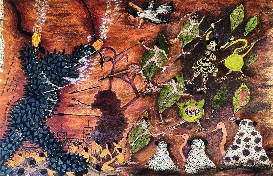 Santiago Yahuarcani, “Covid-19 Fights the Grandparents” (2020). Painted on llanchama bark, this allegory shows the clash between the dark force of Covid-19 and the ancestral strength of Indigenous grandparents, who confront the disease with spiritual power and traditional knowledge.<br />
