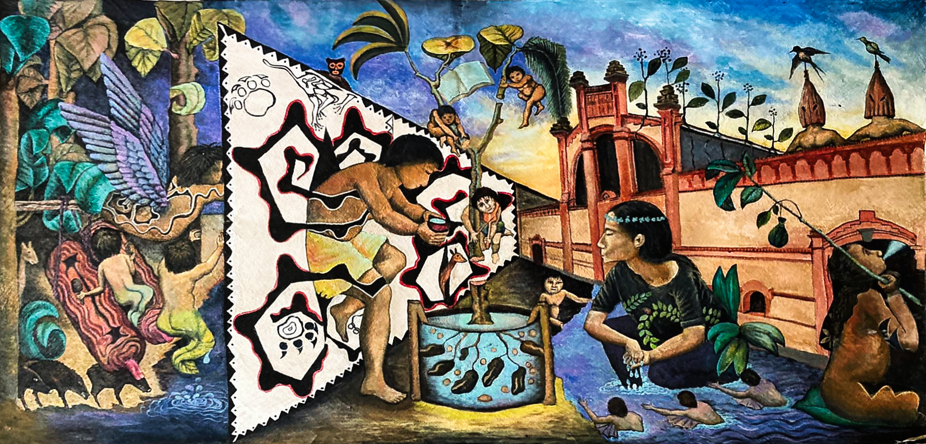 In Spanish: Brus Rubios' "Entre mundos", A painting that addresses the transition between tradition and modernity, nature and city, spirituality and matter.