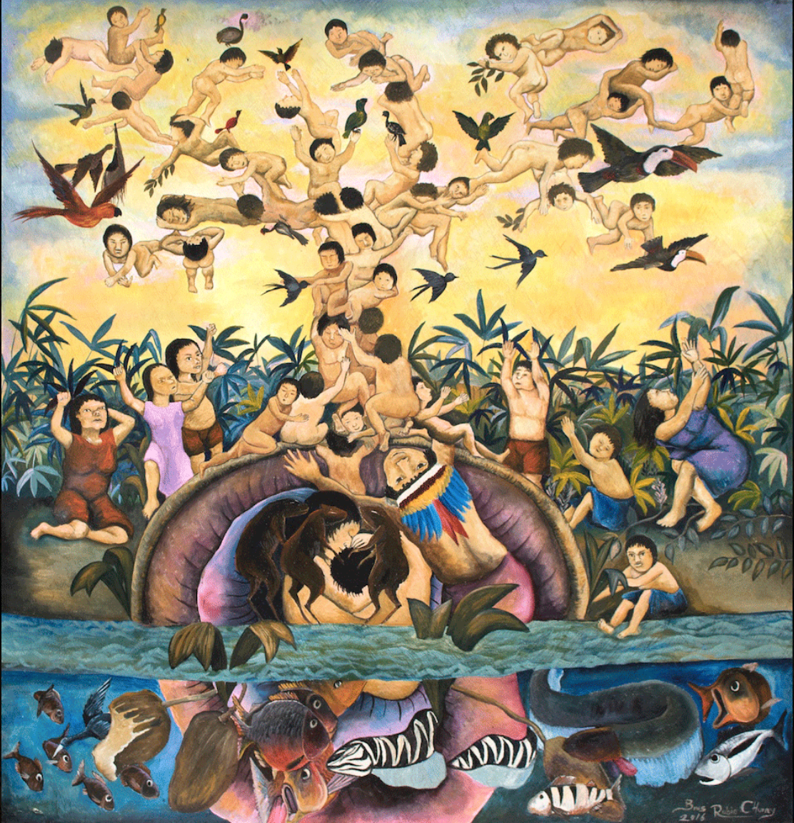 Pintura de Brus Rubio, "Árbol de la Abundancia", que muestra a niños y pájaros que se elevan alegremente hacia el cielo desde una serpiente mítica, simbolizando la fertilidad, la comunidad y la abundancia amazónica.<br />
