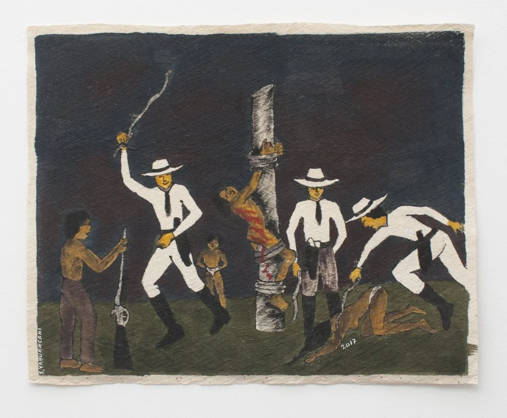 Santiago Yahuarcani, 2017<br />
A stark depiction of violence during the rubber boom, honoring the memory of those who suffered under colonial exploitation.