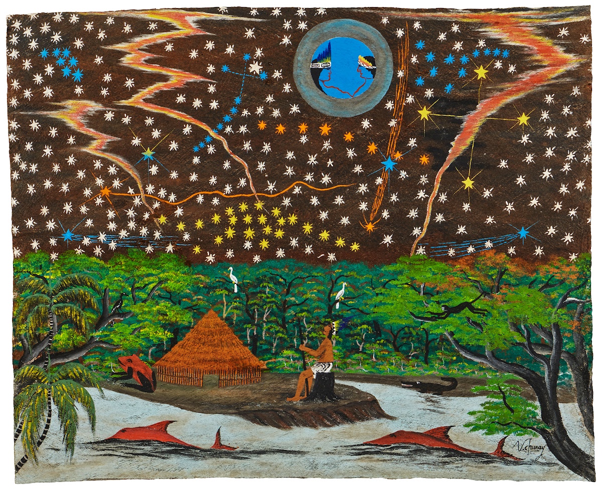 Víctor Churay Roque, Mapa del Cielo Bora. A man sits by the river, listening to the forest and gazing at the heavens. Stars, rivers, and spirits form a map that connects sky, earth, and memory.<br />
